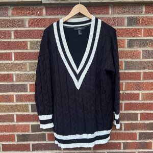 Forever 21 Black V-Neck Sweater with White Accents